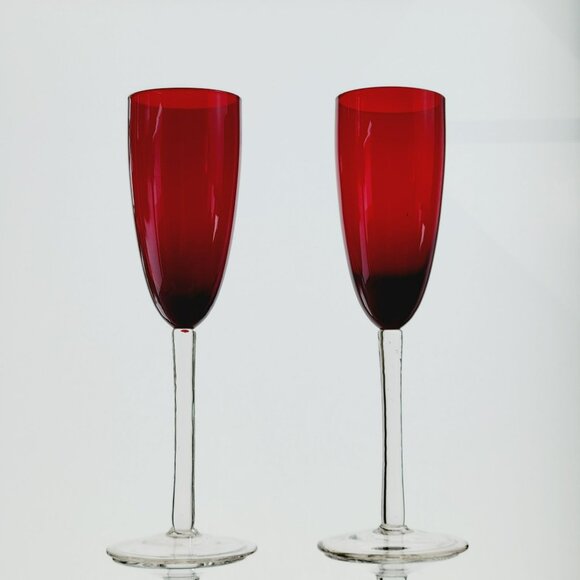 Vintage Red & Clear Fluted Champagne Glasses (2), Elegant Wedding Shower Gift - Picture 1 of 7